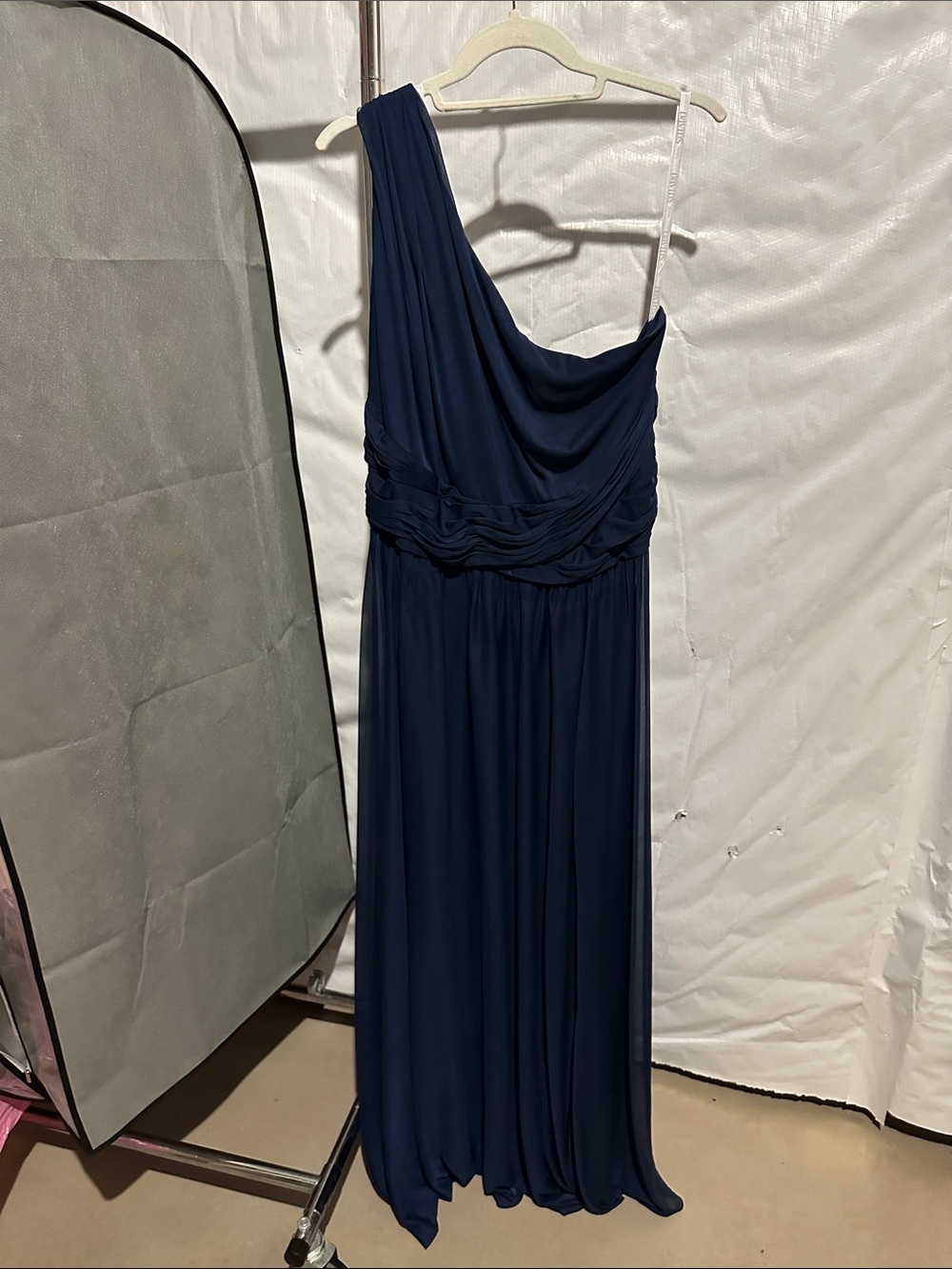 David's Bridal Navy One-Shoulder Ruched Waist Evening Gown